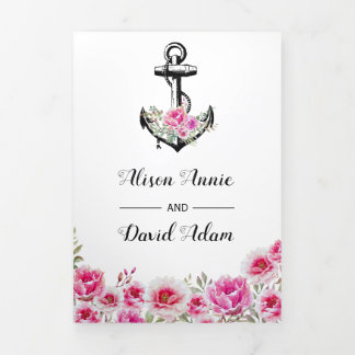 Vintage anchor pink flowers nautical wedding Tri-Fold invitation
