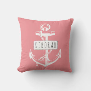 Vintage anchor pink nautical reversible outdoor pillow
