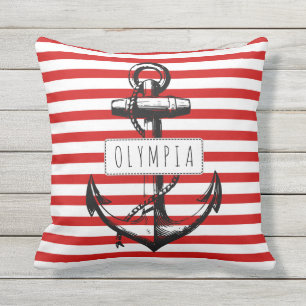 Vintage anchor red, white striped pattern nautical throw pillow