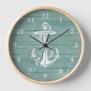 Vintage Anchor Rustic Aqua Green Wood Wall Clock