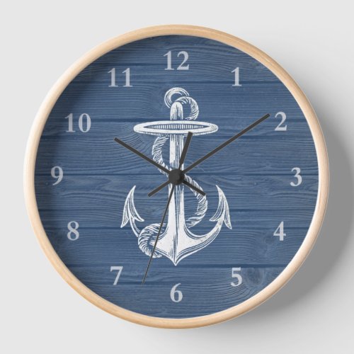 Vintage Anchor Rustic Blue Wood Wall Clock