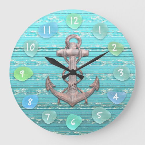 Vintage Anchor Sea Glass Beach Driftwood Ocean Large Clock