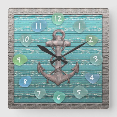 Vintage Anchor Sea Glass Beach Driftwood Ocean Square Wall Clock