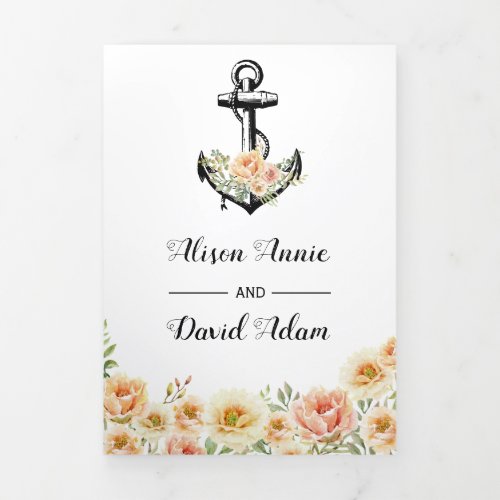 Vintage anchor watercolor flowers nautical wedding Tri_Fold invitation