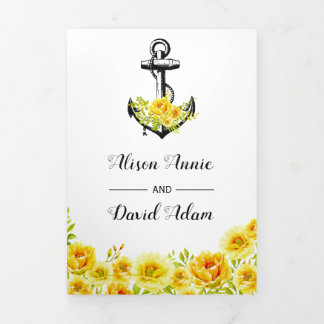 Vintage anchor yellow flowers nautical wedding Tri-Fold invitation