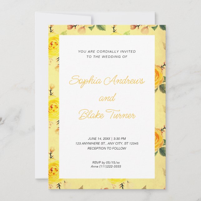 Vintage and Elegant Yellow Floral Wedding Invitation (Front)