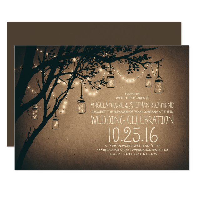 Vintage And Rustic Mason Jar String Lights Wedding Invitation