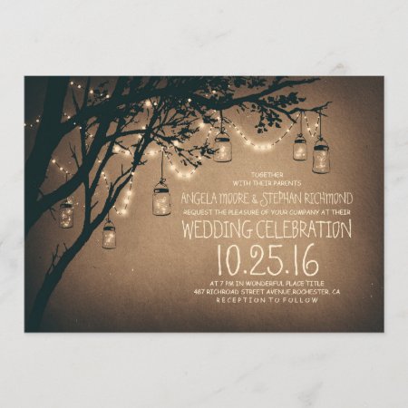 Vintage And Rustic Mason Jar String Lights Wedding Invitation