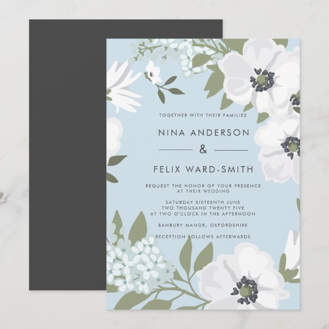 Vintage Anemone Blue Wedding Invitation (Front/Back)