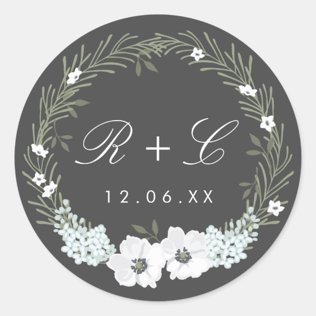 Vintage Anemone Wreath Monogram Wedding Classic Round Sticker (Front)