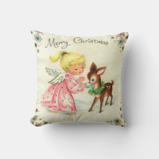 Vintage Angel and Deer Christmas Holiday Throw Pillow