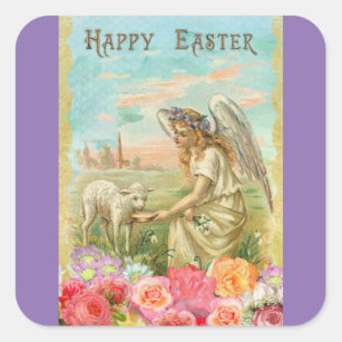 Vintage Angel And Lamb Square Sticker