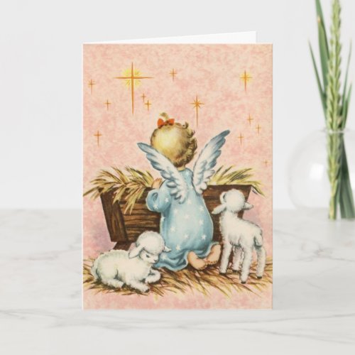 Vintage Angel and Lambs Sitting By A Manger Holiday Card