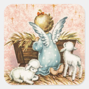 Vintage Angel and Lambs Sitting By A Manger Square Sticker