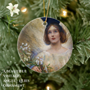 Vintage Angel and White Lilies Art Ceramic Ornament