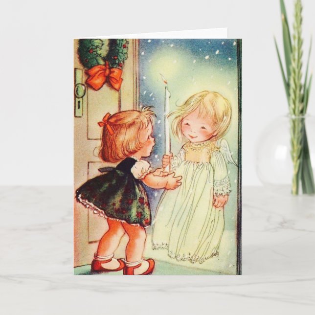 Vintage Angel At The Door Holiday Card (Front)