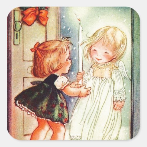 Vintage Angel At The Door Square Sticker