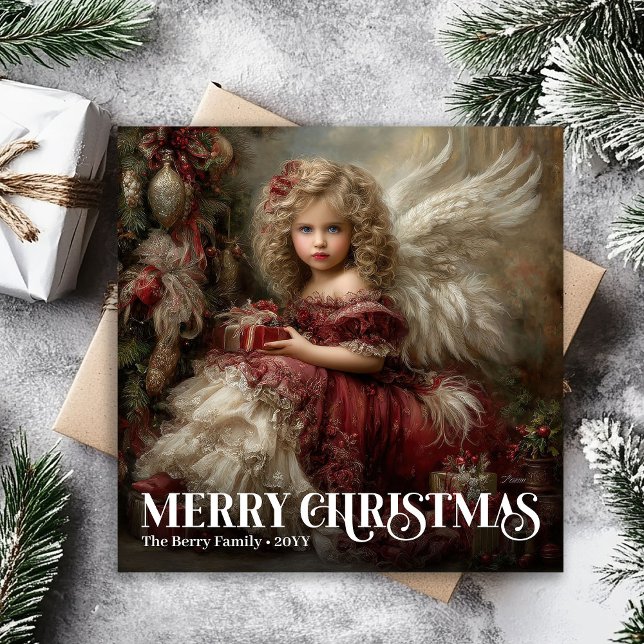 Vintage Angel Burgundy Green Christmas Greeting Holiday Card (Vintage Angel Burgundy Red Green Christmas Greeting)