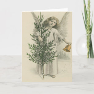 Vintage Angel Christmas Tree Snow Heavenly Bell Holiday Card