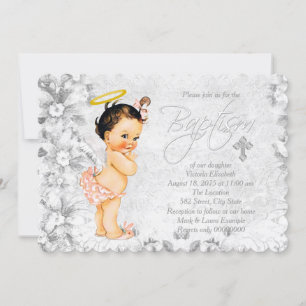Vintage Angel Coral and Gray Baptism Invitation