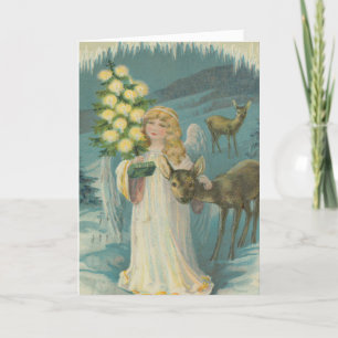Vintage Angel Deer Snowy Winter Woods Christmas Holiday Card