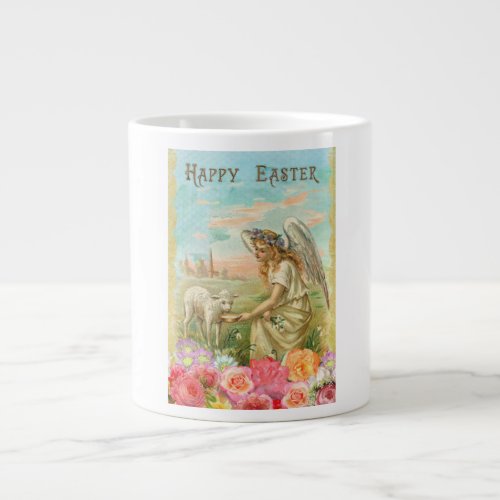 Vintage Angel Feeding Lamb Happy Easter Giant Coffee Mug