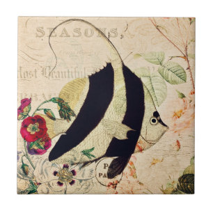Vintage Angel Fish French Floral Ceramic Tile