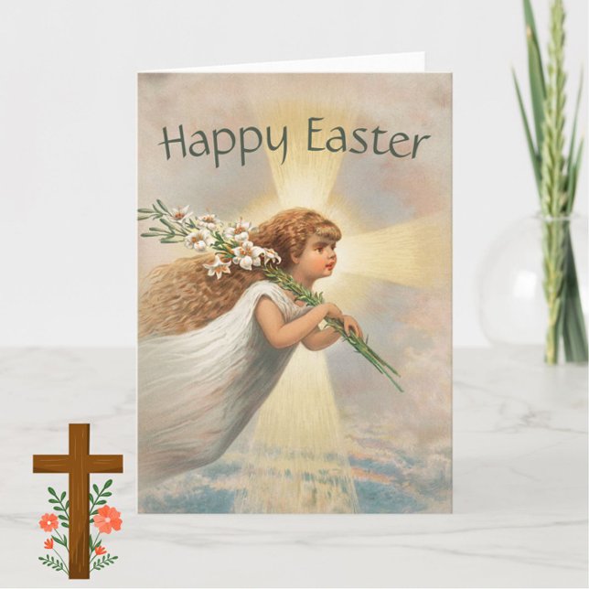 Vintage Angel Girl + Lilies Happy Easter Christian Card (A beautiful vintage angel card for friends and family at Easter.)