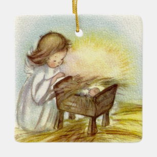 Vintage Angel Girl Watching Baby Jesus Sleeping Ceramic Ornament