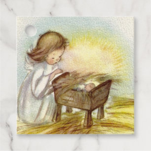 Vintage Angel Girl Watching Baby Jesus Sleeping Favor Tags