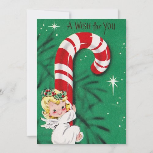 Vintage Angel Holding Onto a Candy Cane Holiday Card
