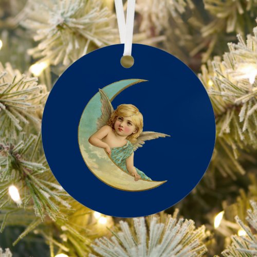 Vintage Angel in Crescent Moon Metal Ornament