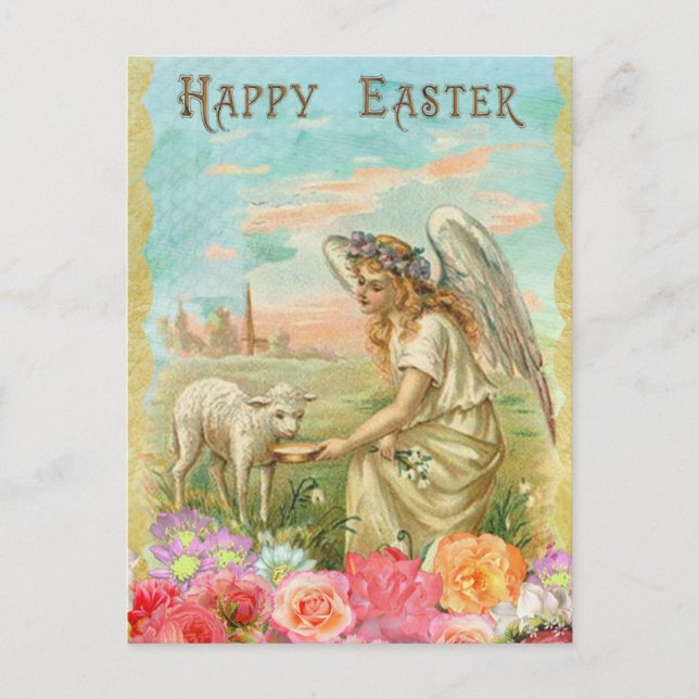 Vintage Angel & Lamb Easter Personalized Postcard (Front)
