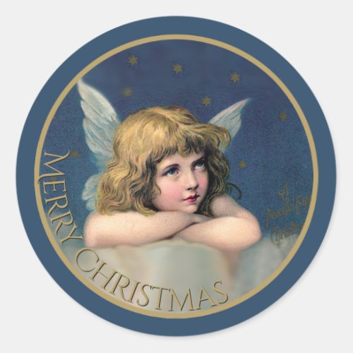 Vintage Angel Merry Christmas Blue and Gold Classic Round Sticker