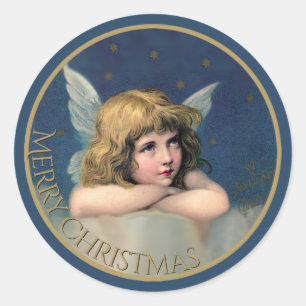 Vintage Angel Merry Christmas Blue and Gold Classic Round Sticker