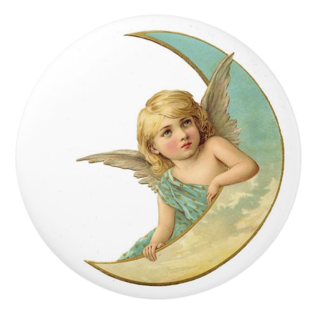 Vintage Angel on Crescent Moon Ceramic Knob (Front)