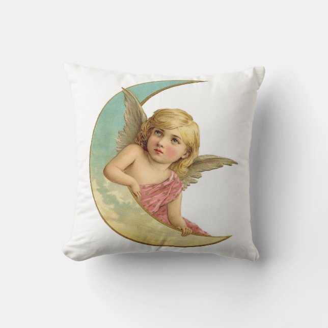Vintage Angel on Crescent Moon Throw Pillow (Front)