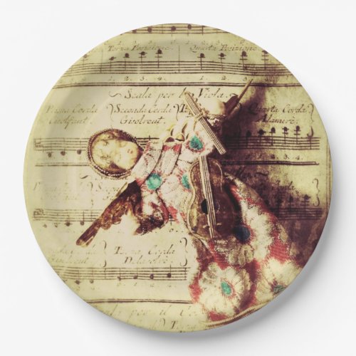 Vintage angel ornament on music paper plates
