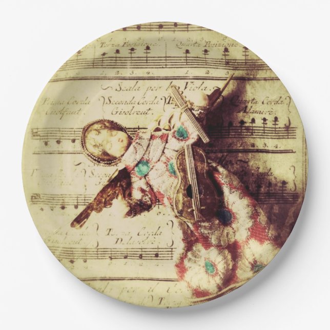 Vintage angel ornament on music paper plates (Front)