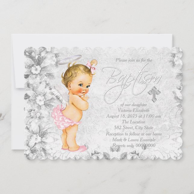 Vintage Angel Pink and Gray Baptism Invitation (Front)