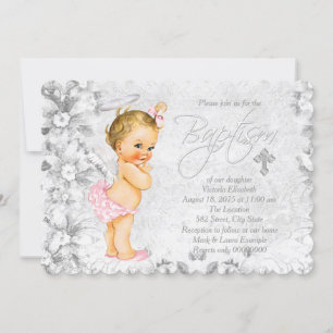 Vintage Angel Pink and Gray Baptism Invitation