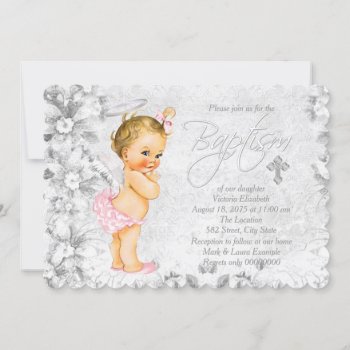 Vintage Angel Pink And Gray Baptism Invitation by The_Vintage_Boutique at Zazzle