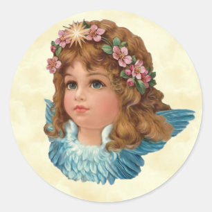 Vintage Angel Pink Flowers Blue Wings Classic Round Sticker