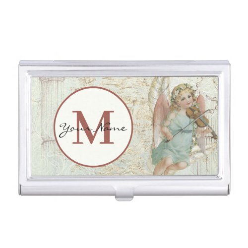 Vintage Angel Playing Violin Monogram Customized Business Card Case