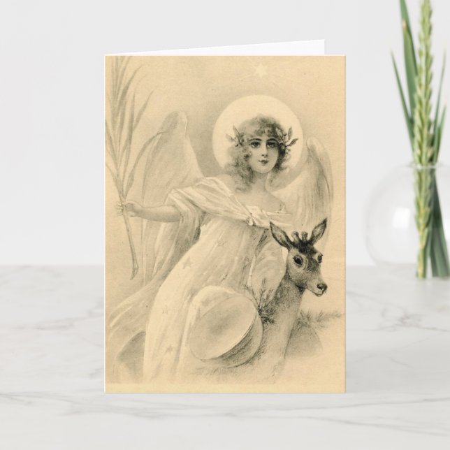 Vintage Angel With Deer Holiday Card (Front)