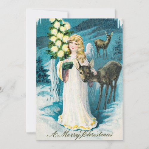 Vintage Angel With Deer  Tree Christmas Greetings Holiday Card