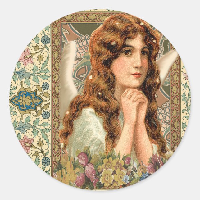 Vintage Angel with Flowers Classic Round Sticker (Front)