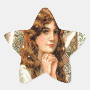Vintage Angel with Flowers Star Sticker