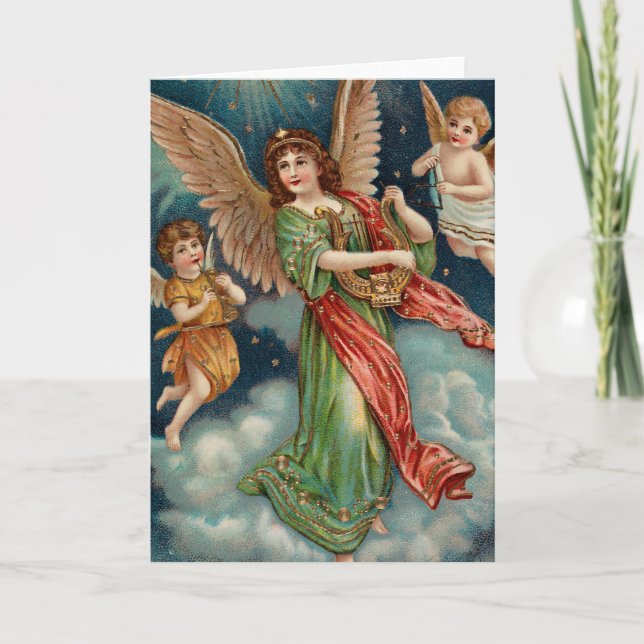 Vintage Angel With Harp and Two Cherubs Card (Front)
