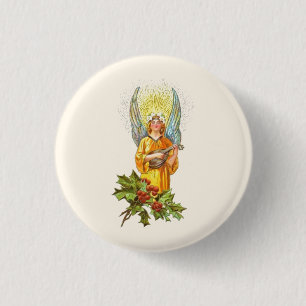 Vintage Angel With holly And Mandolin Button